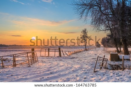 Gates And Fences In Winter Landscape With Snowy Fields And Blue Sky In Drenthe Netherlands