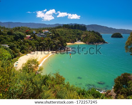 Aerial view of a Beautiful Bay with Sandy Beach near Nelson, New Zealand