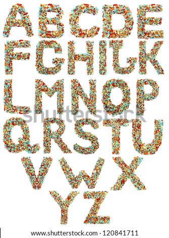 Set of arranged letters made of colourful sugar strands in English language