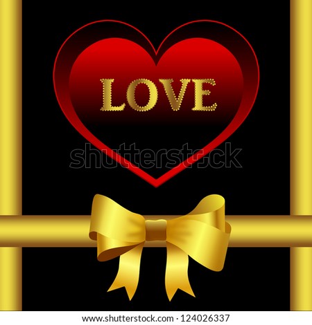 Card design with large red heart and golden shiny bow on black background
