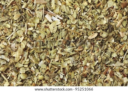 Close up of dried oregano leaves with other spices