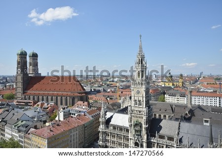 The landmarks of Munich - The Frauenkirche and the town hall at the Marienplatz.
