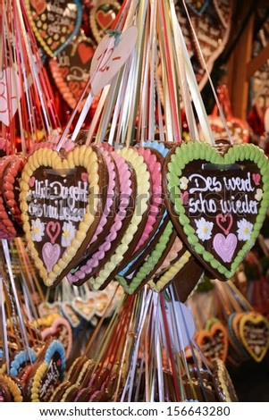 MUNICH, GERMANY - SEPTEMBER 25: Gingerbread herats sold on the Oktoberfest in Munich, Germany on September 25, 2013. Oktoberfest is the biggest beer festival of the world.