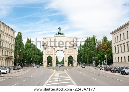 MUNICH, GERMANY - AUGUST 25: The Siegestor (Victory Gate) in Munich, Germany on August 25, 2014. Originally dedicated to the glory of the army it is now a reminder to peace.