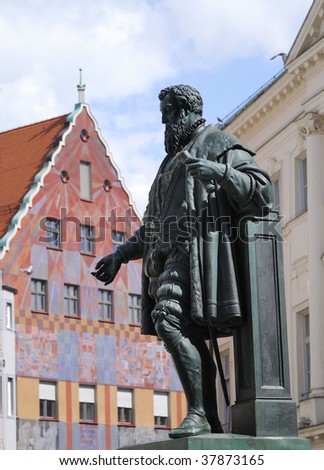Sculpture in the public pedestrian area of Augsburg showing the famous Hans Jakob Fugger.