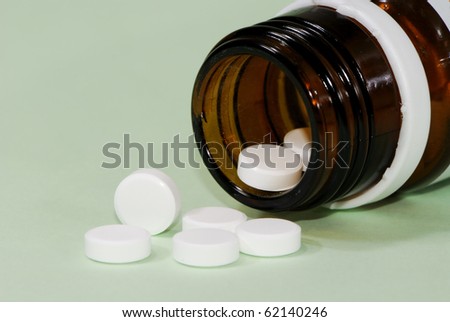 White medical pills in a bottle,