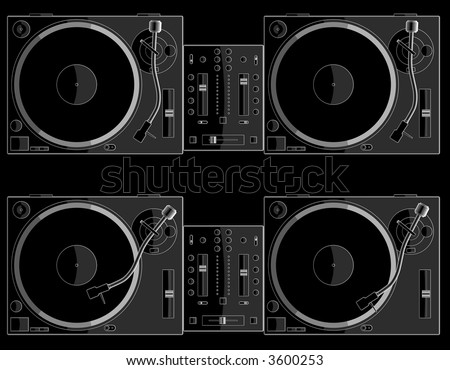 two turntables and mixer on black background. playing and non playing a record. check my portfolio for variations.