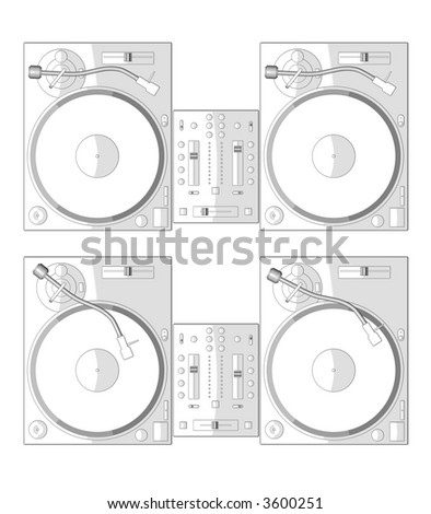 two turntables and mixer on white background. playing and non playing a record. check my portfolio for variations.
