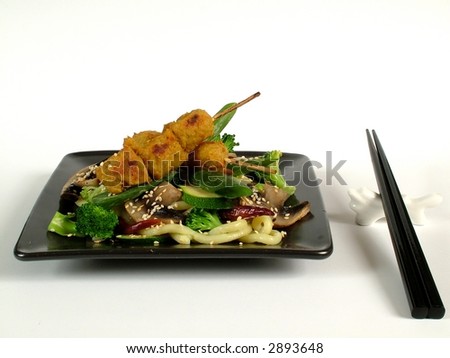 Asian vegetables, noodles and vegan kebabs
