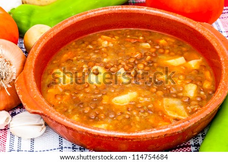 Soup of lentils on a earthenware dish