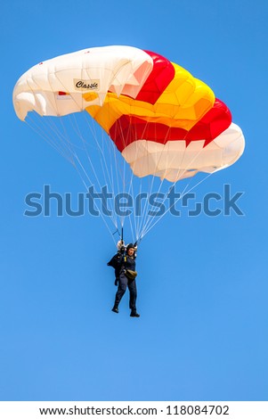 CADIZ, SPAIN-SEP 12:  Parachutist of the PAPEA taking part in an exhibition on the 2nd airshow of Cadiz on Sep 12, 2009, in Cadiz, Spain