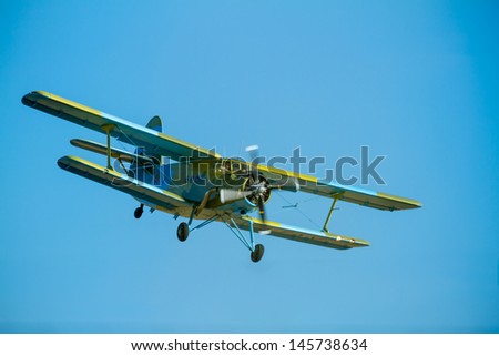 ALBACETE, SPAIN-JUN 23:  Aircraft Antonov An-2 taking part in a exhibition on the open day of the airbase of Los Llanos on Jun 23, 2013, in Albacete, Spain