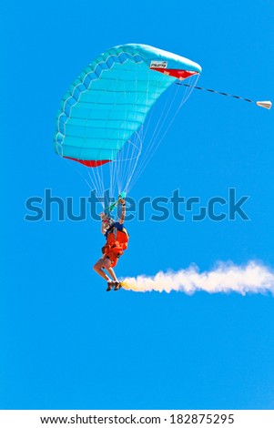 CADIZ, SPAIN-SEP 11: Parachutist Rex  Pemberton taking part in  the 4th airshow of Cadiz on Sep 11, 2011, in Cadiz, Spain