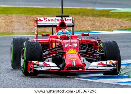 JEREZ DE LA FRONTERA, SPAIN - JAN 31: Fernando Alonso of Scuderia Ferrari F1 races on training session on January 31 , 2014, in Jerez de la Frontera , Spain