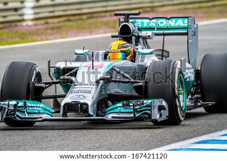 JEREZ DE LA FRONTERA, SPAIN - JAN 31: Lewis Hamilton of Mercedes F1 races on training session on January 31 , 2014, in Jerez de la Frontera , Spain