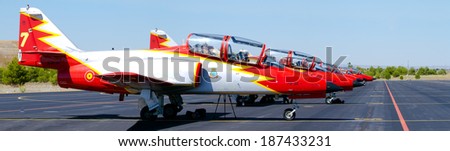 ALBACETE, SPAIN-JUN 23:  Aircrafts of the Patrulla Aguila taking part in a static exhibition on the open day of the airbase of Los Llanos on Jun 23, 2013, in Albacete, Spain