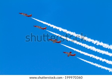 ALBACETE, SPAIN-JUN 23:  Aircrafts of the Patrulla Aguila taking part in an exhibition on the open days of the airbase of Los Llanos on Jun 23, 2013, in Albacete, Spain