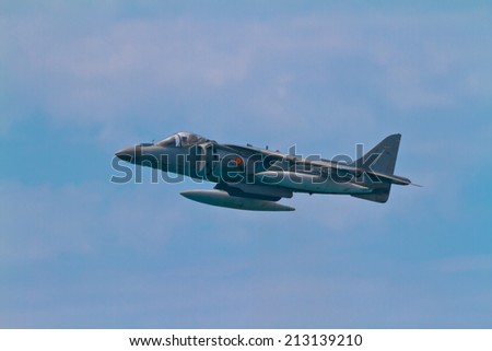 MALAGA, SPAIN-MAY 28: Aircraft AV-8B Harrier Plus taking part in an exhibition on the day of the spanish army forces on May 28, 2011, in Malaga, Spain