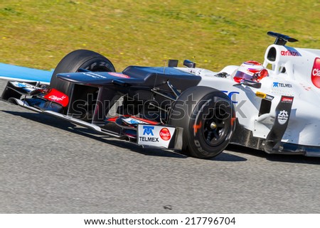 JEREZ DE LA FRONTERA, SPAIN - FEB 10: Kamui Kobayashi of Sauber F1 races on training session on February 10 , 2012, in Jerez de la Frontera , Spain