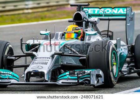 JEREZ DE LA FRONTERA, SPAIN - JAN 31:  Lewis Hamilton of Mercedes F1 races on training session on January 31 , 2014, in Jerez de la Frontera , Spain