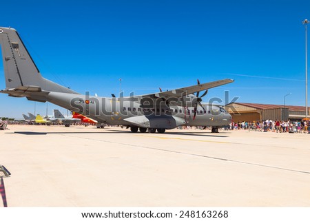 ALBACETE, SPAIN-JUN 23: Aircraft CASA C-295 taking part in a static exhibition on the open day of the airbase of Los Llanos on June 23, 2013, in Albacete, Spain