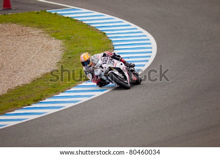 JEREZ DE LA FRONTERA, SPAIN - NOV 20: Stock Extreme motorcyclist Javier Fores takes a curve in the CEV championship on Nov 20, 2010, in Jerez de la Frontera, Spain