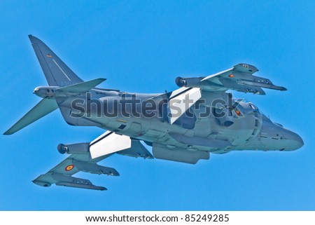 CADIZ, SPAIN-SEPT 11: Aircraft AV-8B Harrier Plus takes part in an exhibition on the 4th airshow of Cadiz on Sept 11, 2011 in Cadiz, Spain