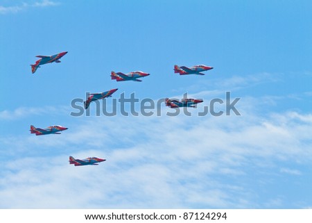 MALAGA, SPAIN-MAY 28: Aircrafts of the Patrulla Aguila take part in an exhibition on the day of the spanish army forces on May 28, 2011, in Malaga, Spain