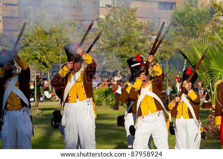 SAN FERNANDO, SPAIN - SEP 24: Actors taking part in the historical military reenacting of the oath of the Spanish constitution of 1812 on Sep 24, 2011 in San Fernando, Spain