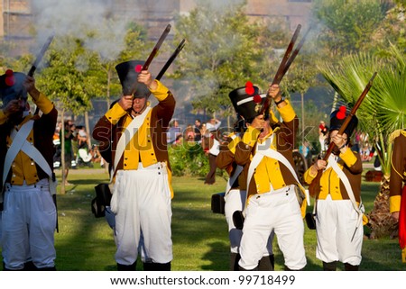SAN FERNANDO, SPAIN - SEP 24: Actors taking part in the historical military reenacting of the oath of the Spanish constitution of 1812 on Sep 24, 2011 in San Fernando, Spain