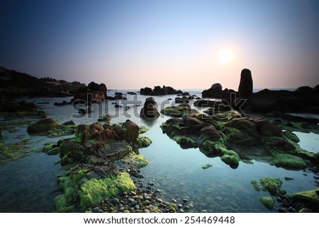 Sunrise wild coast beach green moss at Co Thach, Binh Thuan, Vietnam