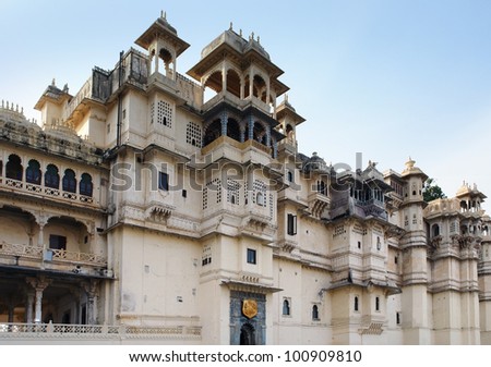 detail of the City Palace in Udaipur, a city located in Rajasthan, India