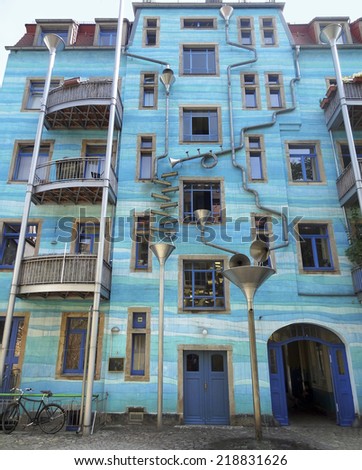 blue house facade including lots of art elements seen in Dresden (Saxony, Germany)