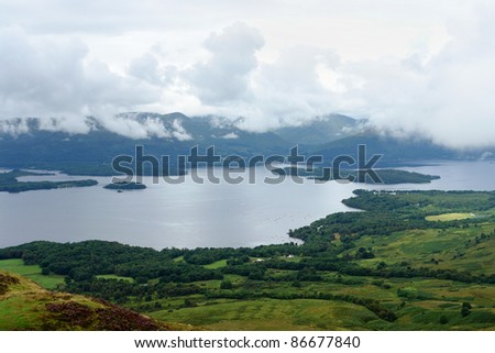 high angle view showing a cloudy scenery in Scotland around Loch Lomond