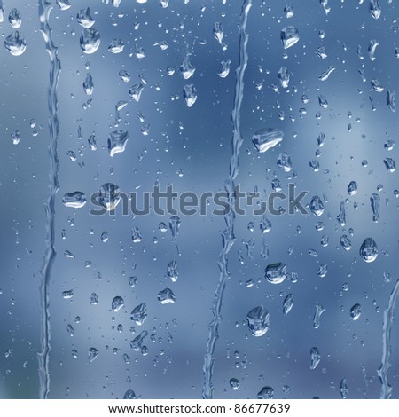 abstract full frame background showing a window with raindrops rolling off (blue toned)