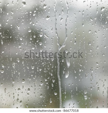 detail of roll off raindrops on window glass