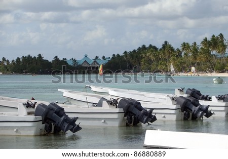 coastal scenery with anchoring motor boats at the Dominican Republic, a island of Hispanola wich is a part of the Greater Antilles archipelago in the Carribean region