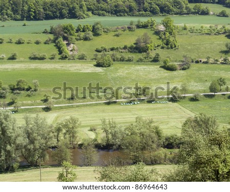 high angle view of a idyllic sunny spring scenery in Hohenlohe (Southern Germany)