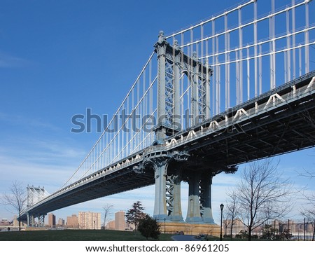 dynamic city view of New York (USA) showing the Manhattan Bridge over the East River in sunny ambiance