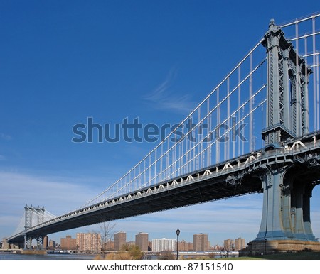 dynamic city view of New York (USA) showing the Manhattan Bridge over the East River in sunny ambiance