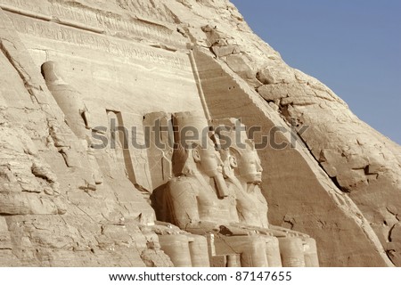architectural detail of the historic Abu Simbel temples in Egypt (Africa) with ancient sculptures