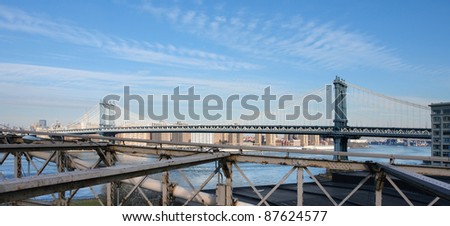 sunny city view of New York with Manhattan Bridge, seen from Brooklyn Bridge (USA)
