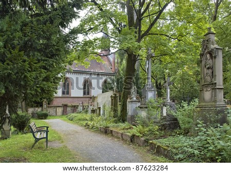 detail of a old graveyard with cemetery chapel in Freiburg im Breisgau, a city in Southern Germany