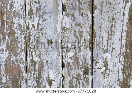 full frame abstract detail of a rundown wooden facade with flaking paint and fissures