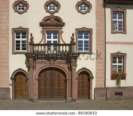 sunny illuminated frontal shot of the entrance of the Abbey of Saint Peter in the Black Forest