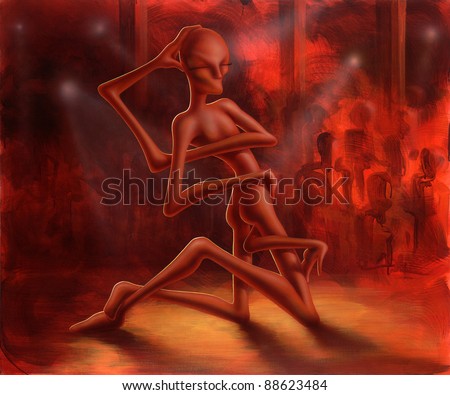 picture painted by me named Dance of the Medusa, it shows a alien like figure while doing a acrobatic performance in front of a abstract audience in red ambiance