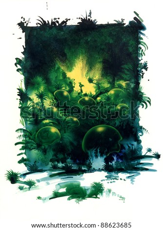 picture painted by me named Terrain Culpa, it shows a dense jungle scenery with  yellow translucent bubbles
