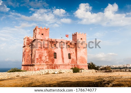 MALTA - SEPTEMBER 01, 2013: St. Agatha\'s Tower (a.k.a. Red Tower). Situated in a commanding position (Marfa ridge), It was the Knights primary stronghold in the west of Malta.