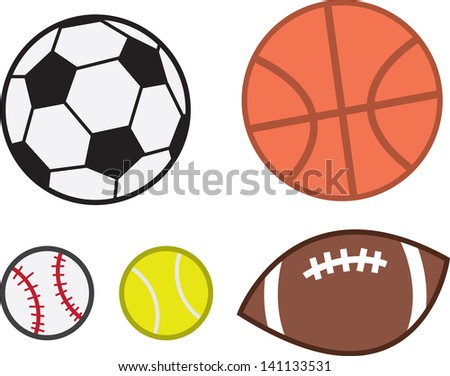 Sports balls for football, baseball, soccer, tennis and basketball.