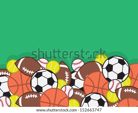 Sports balls in a large pile with green background